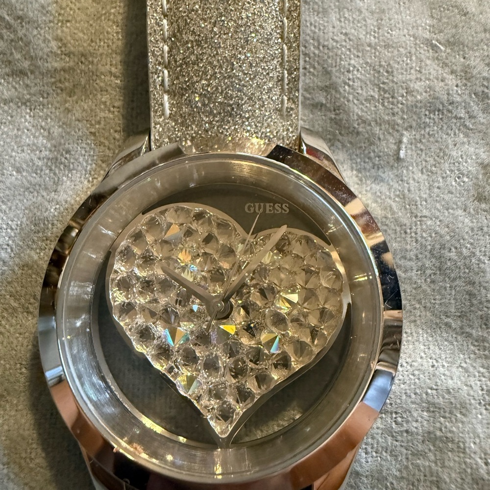 Guess Silver Glitter Heart Watch